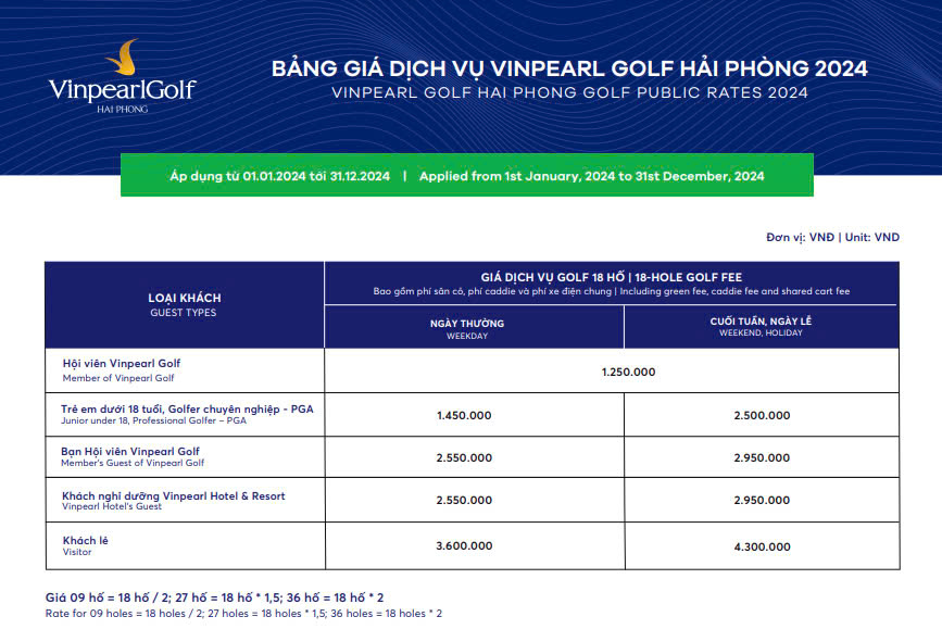 Bảng giá sân golf Vinpearl Hải Phòng